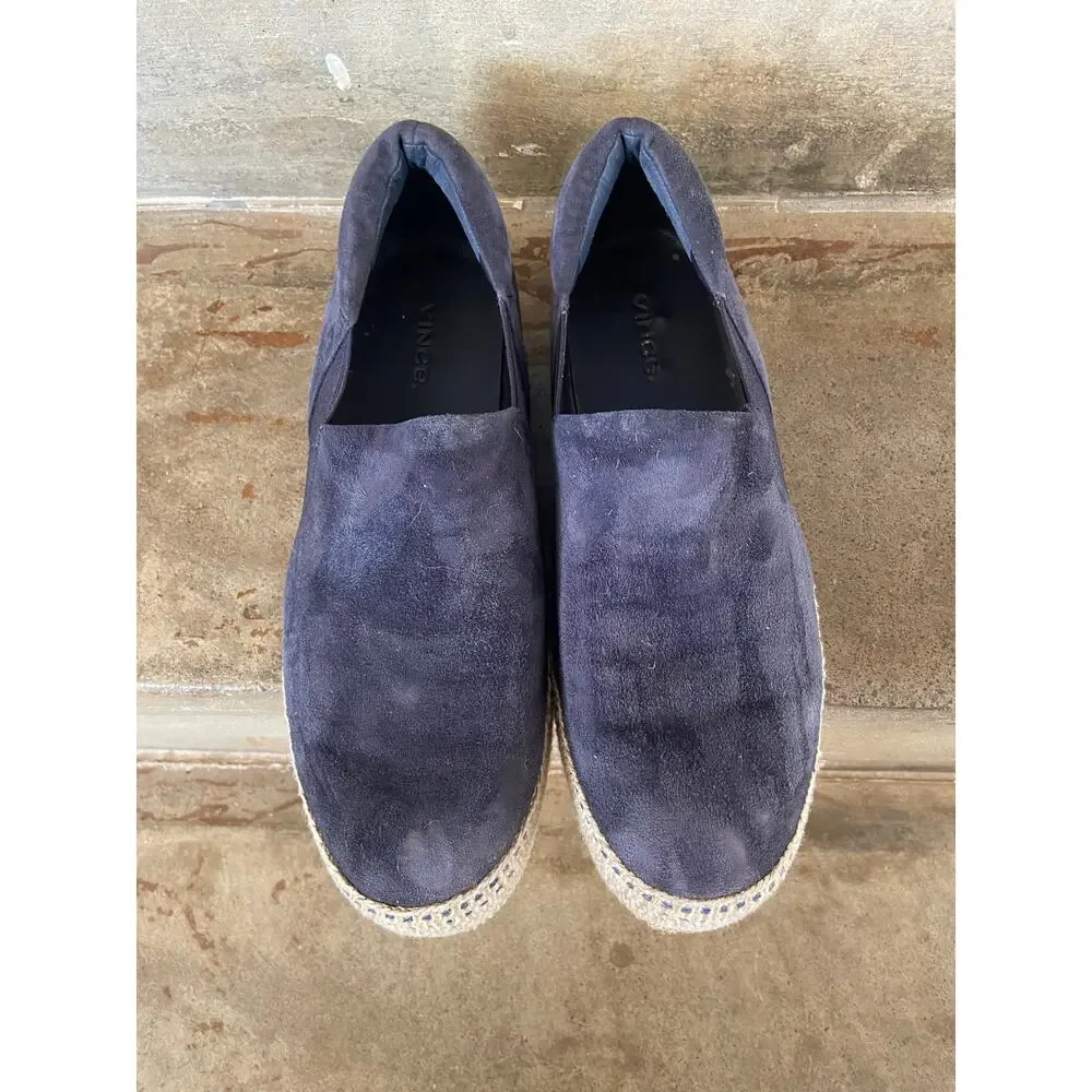Vince Wilden navy suede platform espadrille slip in loafers w/ elastic inset